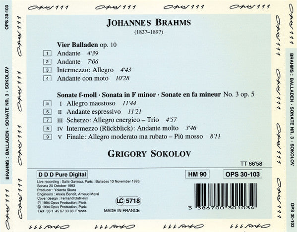 Grigory Sokolov, Johannes Brahms - Ballades op 10 • Sonata op 5 in F minor  (CD)