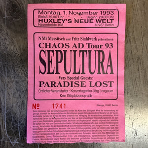 Vintage Sepultura w/ Paradise Lost Concert Ticket - Huxley's Neue Welt Berlin (11/1/1993)