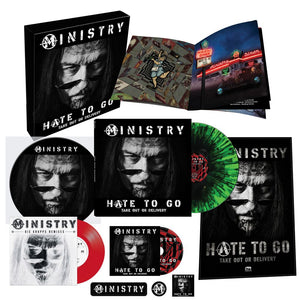 the album cover for Ministry - Hate To Go - Take Out Or Delivery [Deluxe Box - Black/Green Splatter]