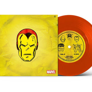 the album cover for Marvel Chorus - Merry Marvel Marching Society (1966 Theme) [Iron Man Translucent Red 7" Single]