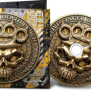 the album cover for Five Finger Death Punch - Legacy [Indie Exclusive Alternate Cover with Gold Disc]